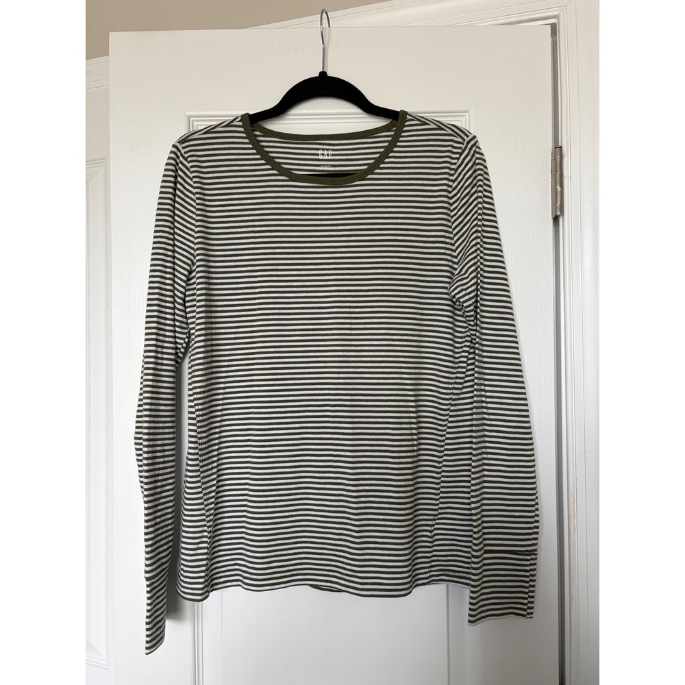 Gap Feather Tee Womens Large L Olive Green White Striped Long Sleeve Crew Neck